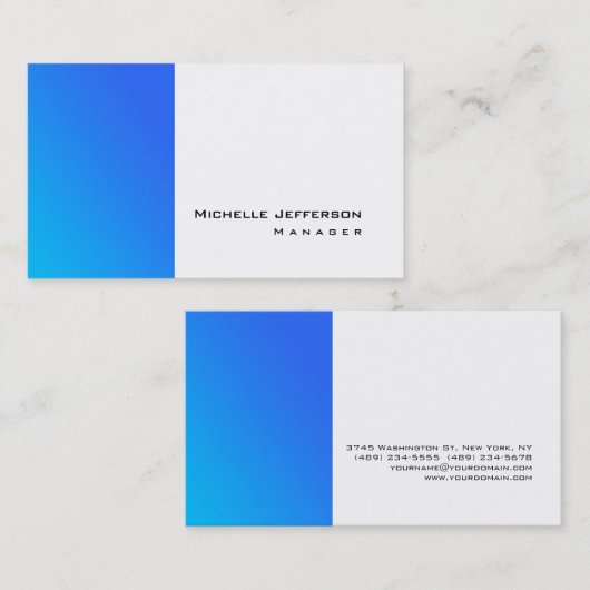 青ユニークスタイリッシュ白プレーンモダンシンプル 名刺 (正面/裏面)