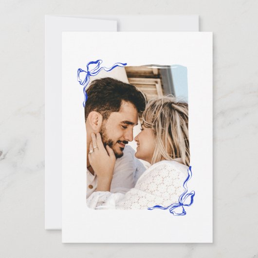 青ユニーク手お洒落引き弓フランスの写真 招待状 (裏面)