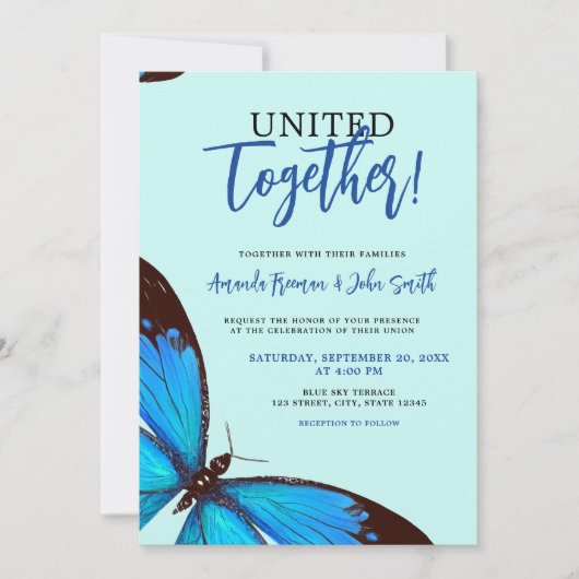 青ユニーク水色バタフライ結婚ズ 招待状 (正面)