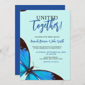 青ユニーク水色バタフライ結婚ズ 招待状 (正面/裏面)