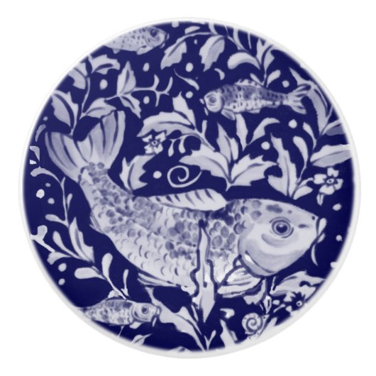 青ユニーク白コイ魚の様式化池植物 セラミックノブ (正面)