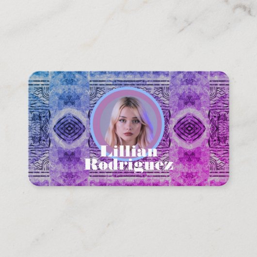 青ユニーク色ピンクと紫の装飾写真 名刺 (正面)