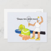 青ラケットと女性プレーヤーとのテニスボール ポストカード (正面/裏面)