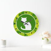 青リンゴ色の迷彩柄; 白い猫 ラージ壁時計 (ホーム)