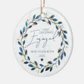 青リース初めてのクリスマス 婚約した セラミックオーナメント (左)