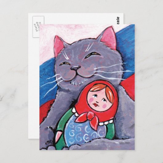 青ロシアのとバブシュカの人形 |愛国的な猫芸術 ポストカード (正面/裏面)