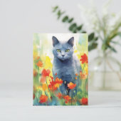 青ロシアの猫の花畑 ポストカード (スタンド正面)