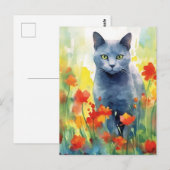 青ロシアの猫の花畑 ポストカード (正面/裏面)