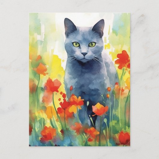 青ロシアの猫の花畑 ポストカード (正面)