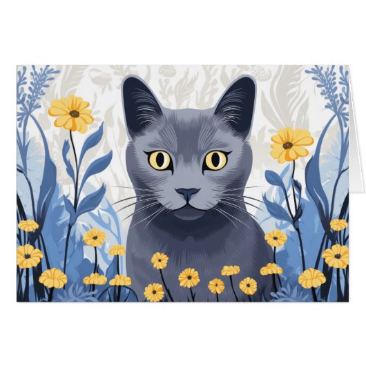 青ロシアの猫イエローフラワーカード (正面横)
