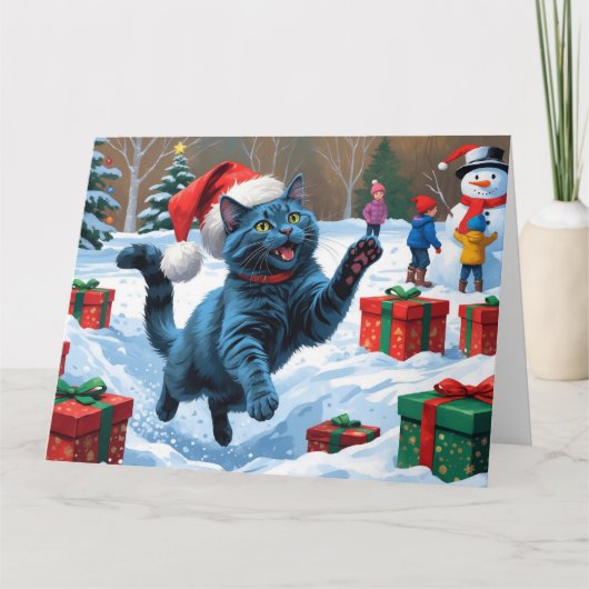 青ロシアの猫走の雪とクリスマス カード (正面)