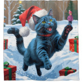 青ロシアの猫走の雪とクリスマス シャワーカーテン (正面)