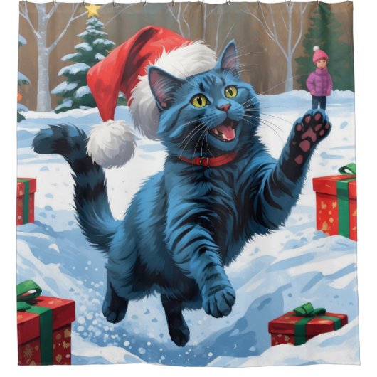 青ロシアの猫走の雪とクリスマス シャワーカーテン (正面)