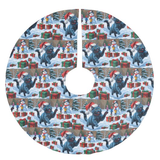 青ロシアの猫走の雪とクリスマス ブラッシュドポリエステルツリースカート (正面)