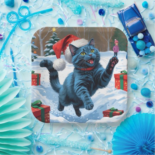 青ロシアの猫走の雪とクリスマス ペーパープレート (パーティー)