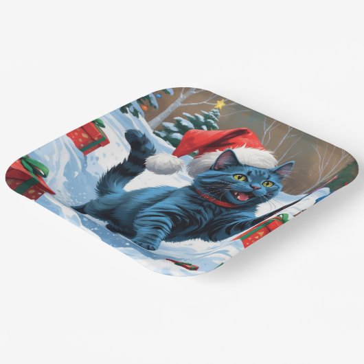 青ロシアの猫走の雪とクリスマス ペーパープレート (傾斜あり)