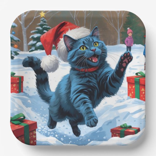 青ロシアの猫走の雪とクリスマス ペーパープレート (正面)