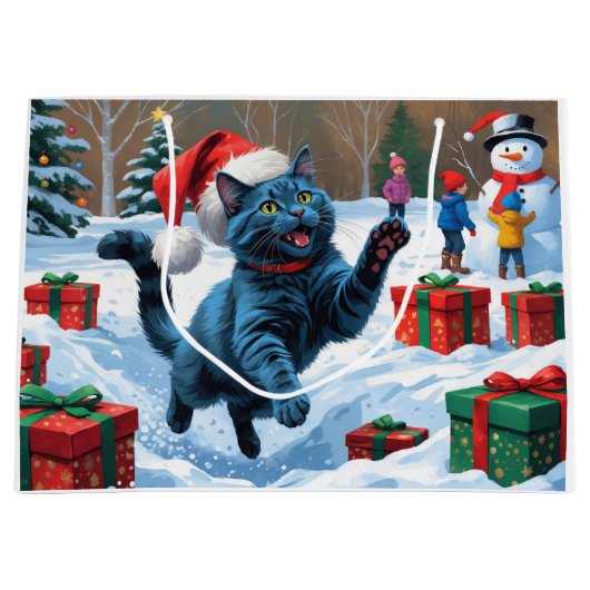 青ロシアの猫走の雪とクリスマス ラージペーパーバッグ (正面)