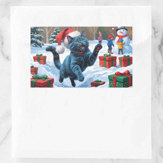 青ロシアの猫走の雪とクリスマス 長方形シール (バッグ)