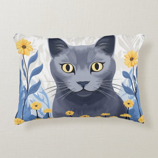 青ロシアの猫黄色の花 アクセントクッション (正面)