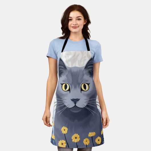青ロシアの猫黄色の花 エプロン (着用した状態)