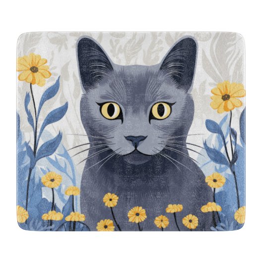 青ロシアの猫黄色の花 カッティングボード (正面)