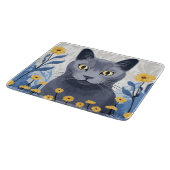 青ロシアの猫黄色の花 カッティングボード (角)