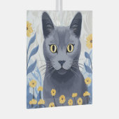 青ロシアの猫黄色の花 ガラスオーナメント (正面右)