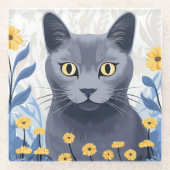 青ロシアの猫黄色の花 ガラスコースター (正面)
