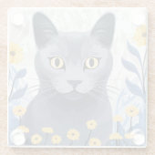 青ロシアの猫黄色の花 ガラスコースター (裏面)