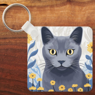 青ロシアの猫黄色の花 キーホルダー