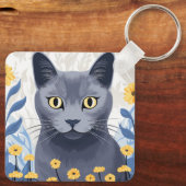 青ロシアの猫黄色の花 キーホルダー (裏面)