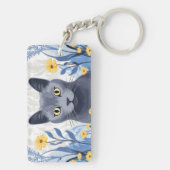 青ロシアの猫黄色の花 キーホルダー (裏面)