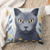 青ロシアの猫黄色の花 クッション (ブランケット)