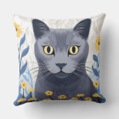 青ロシアの猫黄色の花 クッション (裏面)
