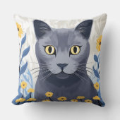 青ロシアの猫黄色の花 クッション (正面)