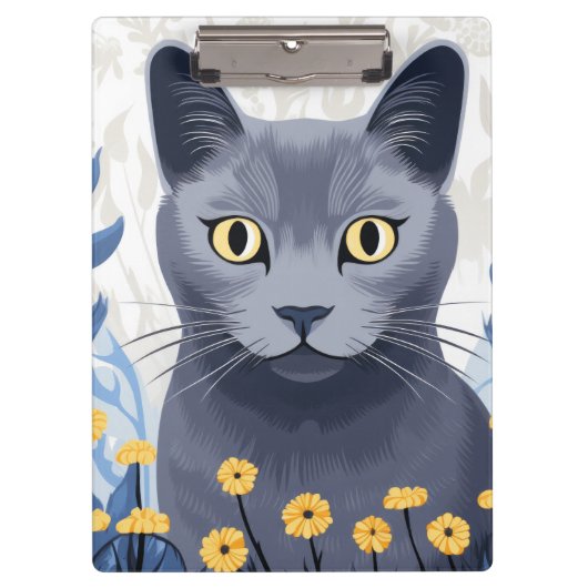 青ロシアの猫黄色の花 クリップボード (正面)
