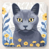 青ロシアの猫黄色の花 コースター (正面)