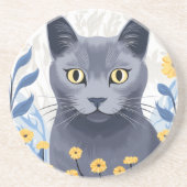 青ロシアの猫黄色の花 コースター (正面)