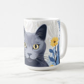 青ロシアの猫黄色の花 コーヒーマグカップ (正面右)