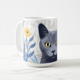 青ロシアの猫黄色の花 コーヒーマグカップ