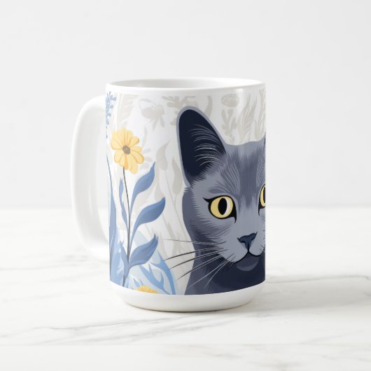 青ロシアの猫黄色の花 コーヒーマグカップ (正面左)