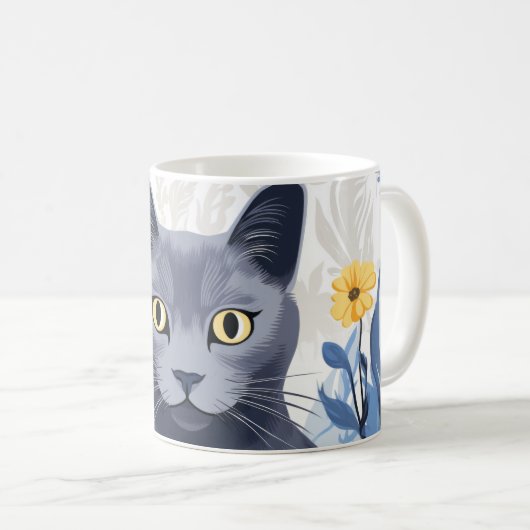 青ロシアの猫黄色の花 コーヒーマグカップ (正面右)