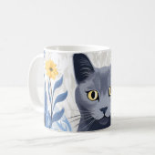 青ロシアの猫黄色の花 コーヒーマグカップ (正面左)