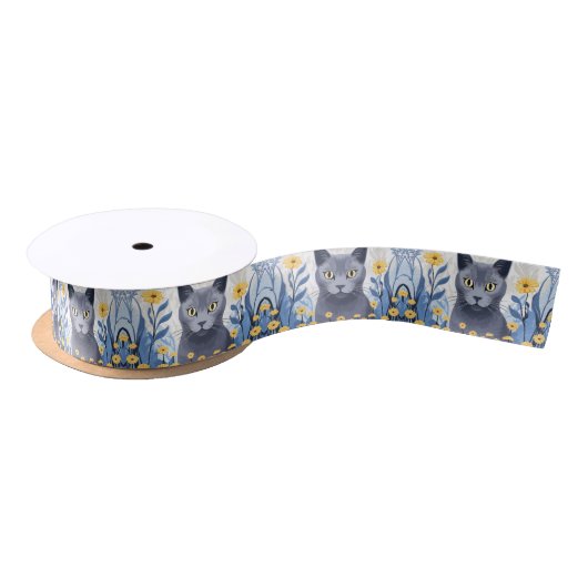 青ロシアの猫黄色の花 サテンリボン (リール)