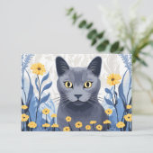 青ロシアの猫黄色の花 サンキューカード (スタンド正面)