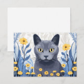 青ロシアの猫黄色の花 サンキューカード (正面/裏面)
