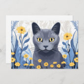 青ロシアの猫黄色の花 サンキューカード (正面/裏面)