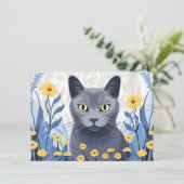 青ロシアの猫黄色の花 サンキューカード (スタンド正面)