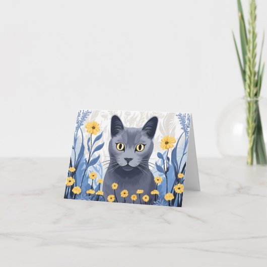 青ロシアの猫黄色の花 サンキューカード (正面)